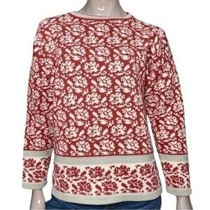 Erica Wilson Women’s Size M Red White Floral Printed Knit Pullover Sweater